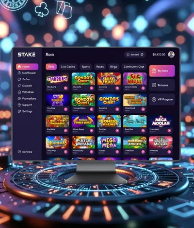 Pantalla con catálogo de slots y juegos, ejemplo visual de Stake